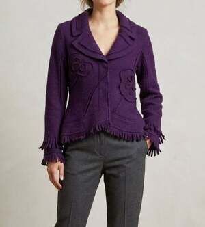 Nikki Valenti Purple Boiled Wool Jacket with Floral Applique and Fringe